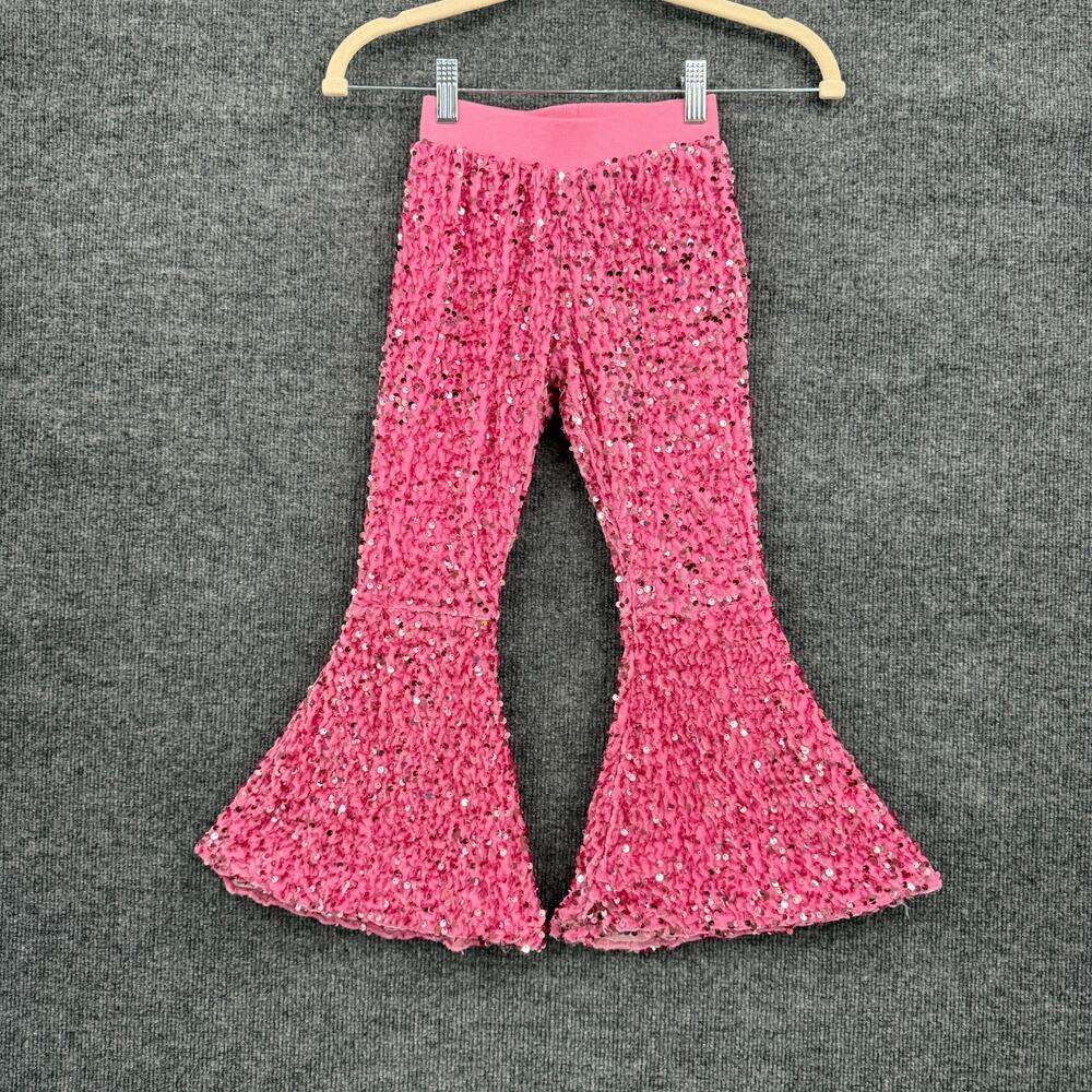 Girls Sequin Bell Bottoms Flared Pants Size 6-7 Pink Pull On Velour Lined Party